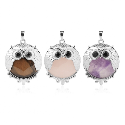 Natural Crystal Stone Owl Pendant