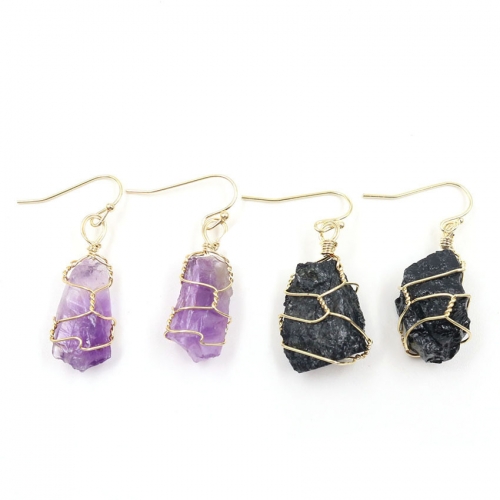 Raw Rough Stone Wrapped Gold Wire Earrings
