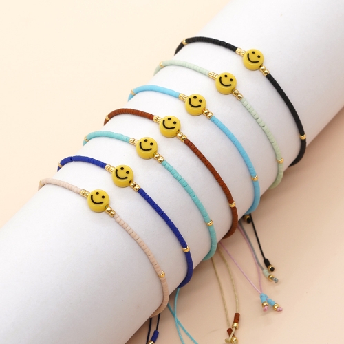 Small Seed Beads Adjustable Cotton Macrame Smiley Face Bracelet