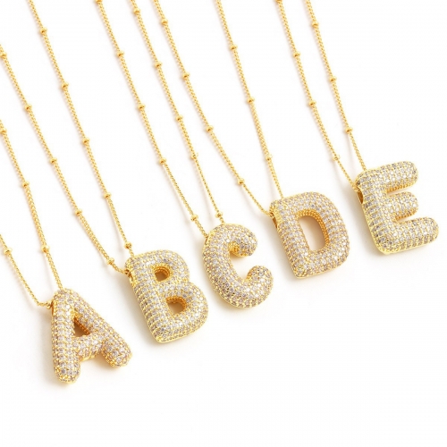 Gold Bubble Letter Charms Necklace with Initial Pendant Brass Pave CZ